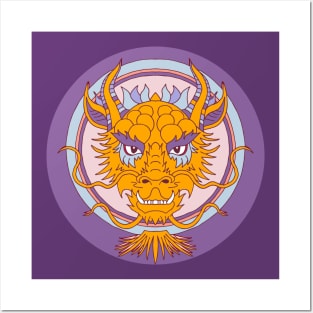 chinese dragon face flame orange and purple Posters and Art
